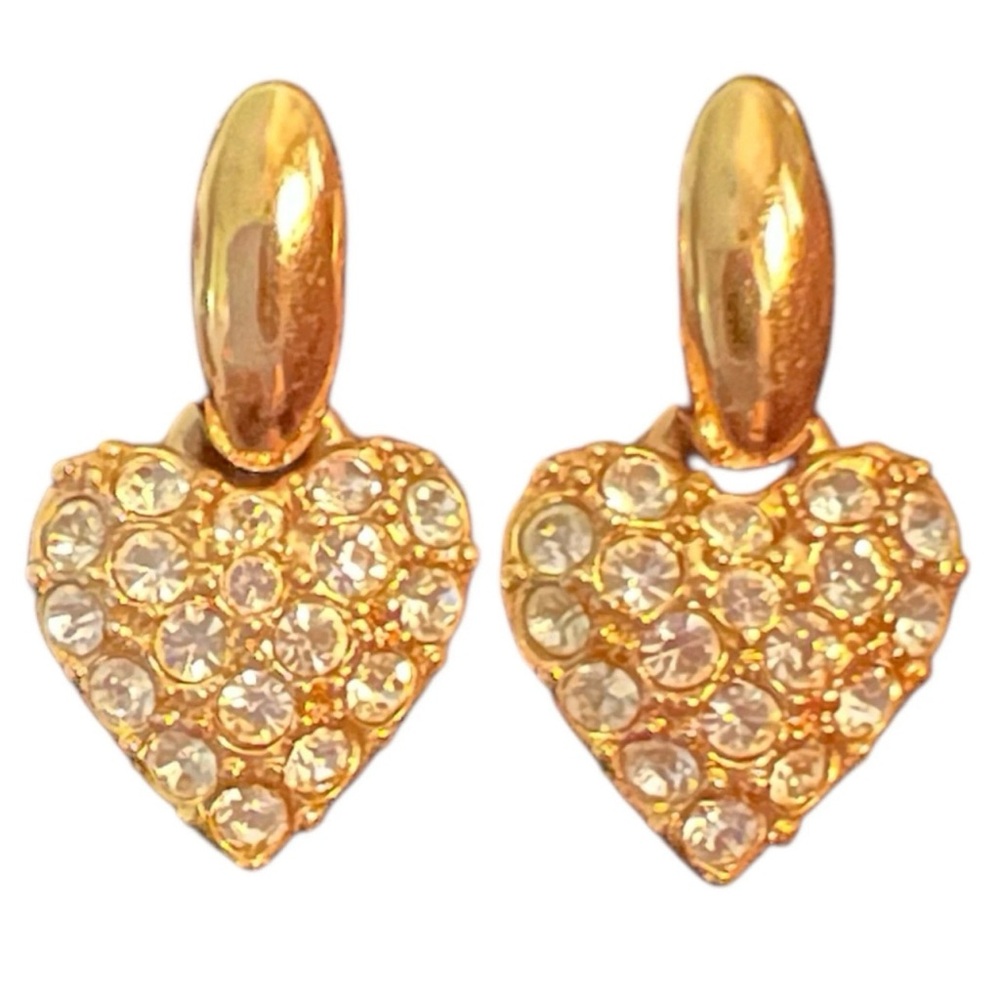 Vintage 1980s Swarovski Clear Pave Crystals Heart-Shaped Dangle Post Earrings